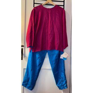 Vintage Weinstocks 100% Silk Reversible Blouse Pants Suit Fuschia Peacock Medium